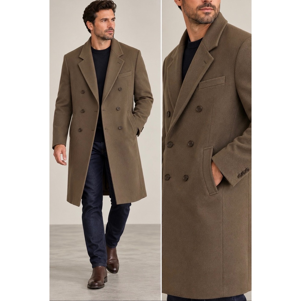 Ron Chereskin Men Brown Pure Wool Double Breasted Overcoat Vintage Yugoslavia